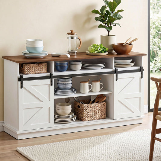 TWSC Buffet Sideboard Cabinet 150cm 3-Tier Kitchen Storage Sliding Doors White