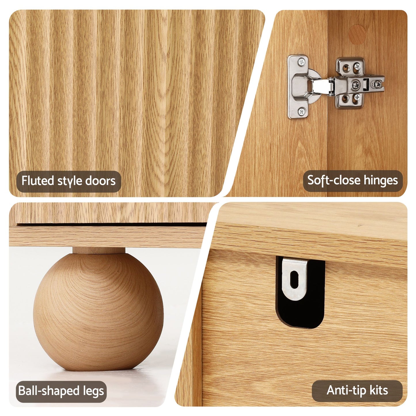 Artiss Buffet Sideboard Cabinet 2-Tier Fluted Kitchen Storage Ball Legs Pine