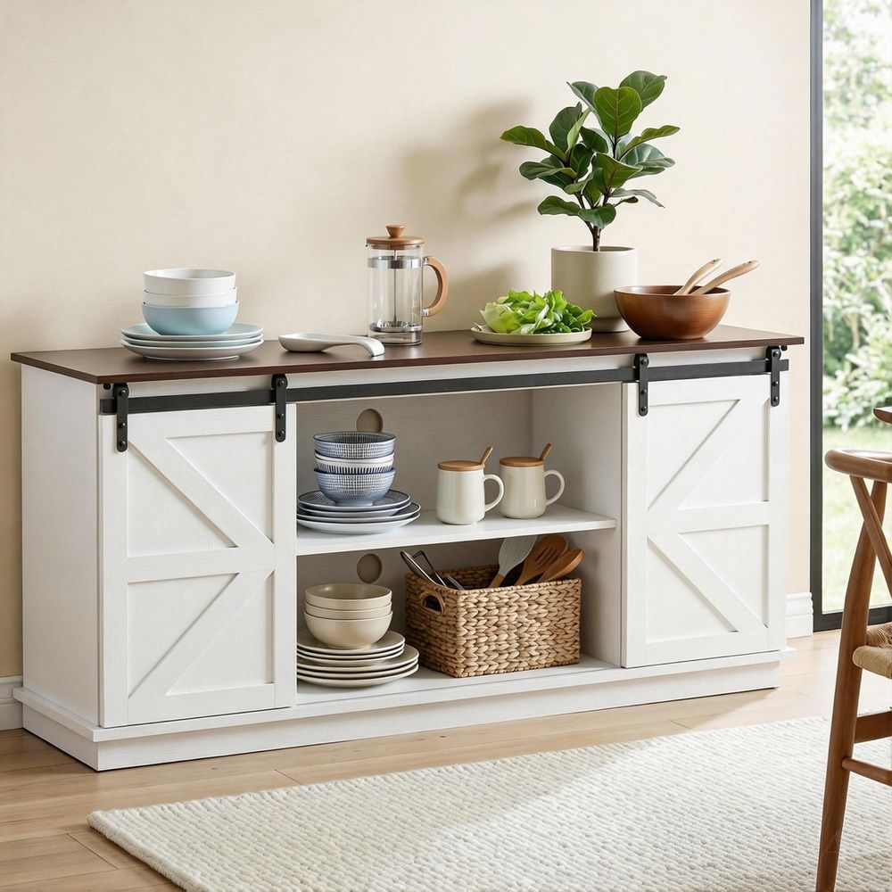 TWSC Buffet Sideboard Storage Cabinet Kitchen Cupboard Sliding Doors White