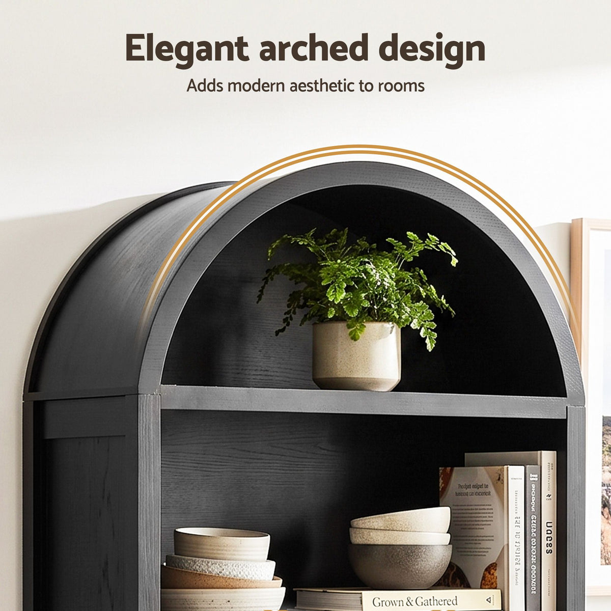 TWSC Buffet Sideboard Cabinet Pantry 180CM Arched Storage Bookshelf Black