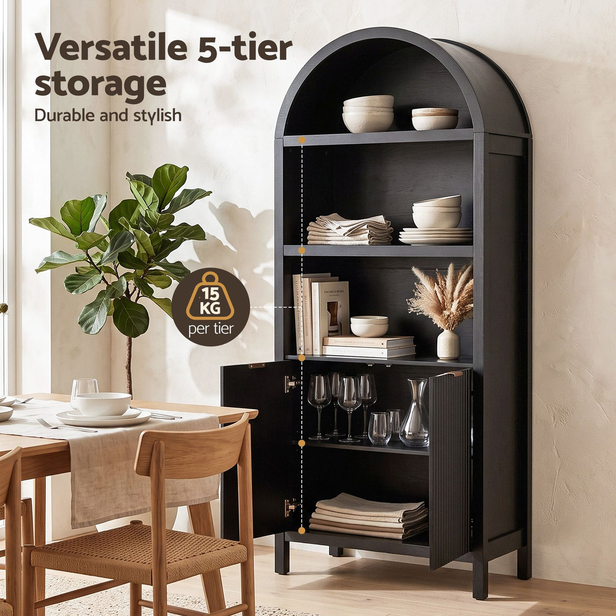 TWSC Buffet Sideboard Cabinet Pantry X2 180CM Arched Storage Bookshelf Black