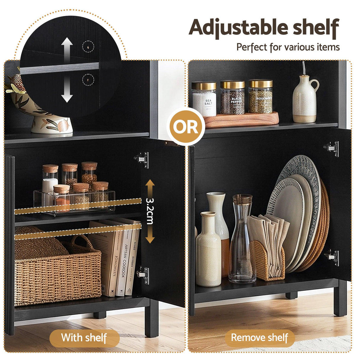 TWSC Buffet Sideboard Cabinet Pantry X2 180CM Arched Storage Bookshelf Black