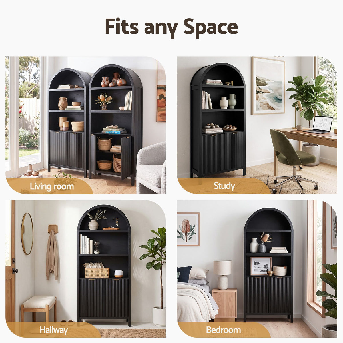TWSC Buffet Sideboard Cabinet Pantry X2 180CM Arched Storage Bookshelf Black