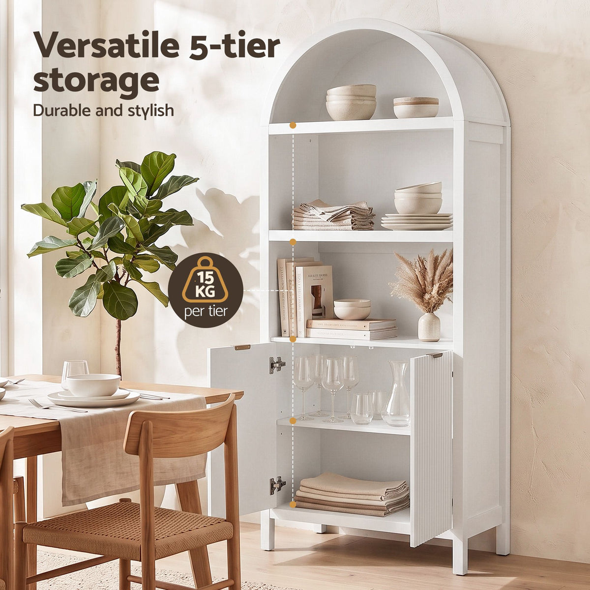 TWSC Buffet Sideboard Cabinet Pantry 180CM Arched Storage Bookshelf White