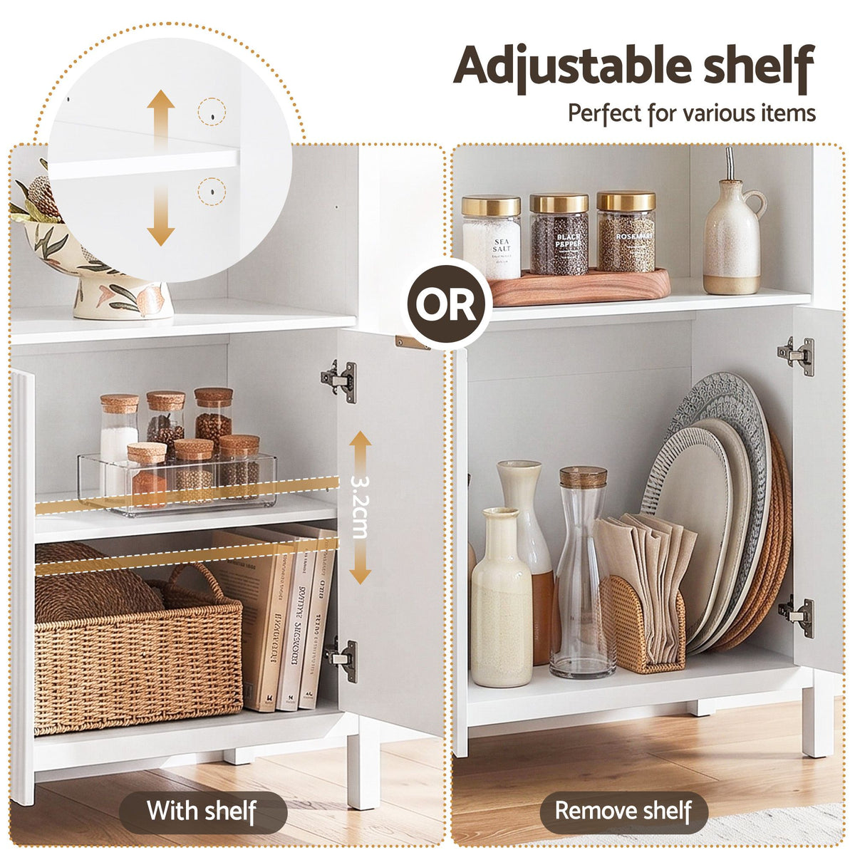 TWSC Buffet Sideboard Cabinet Pantry 180CM Arched Storage Bookshelf White