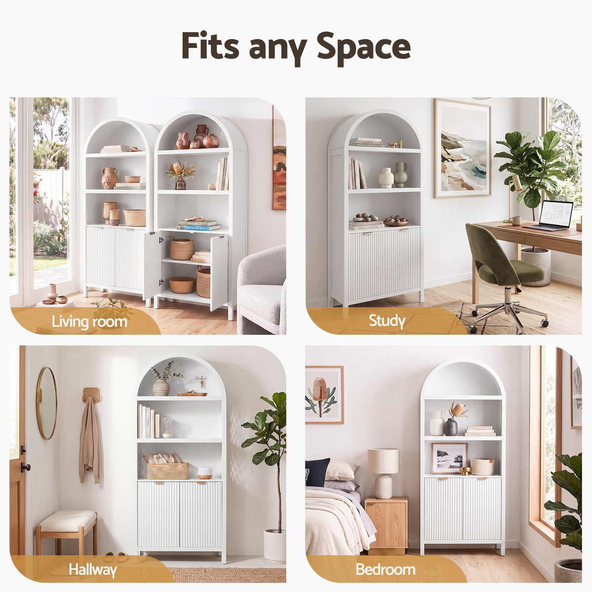 TWSC Buffet Sideboard Cabinet Pantry X2 180CM Arched Storage Bookshelf White
