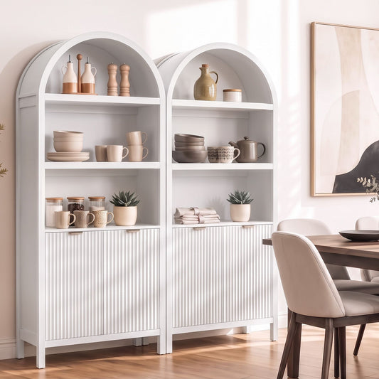 French arch buffet cabinet featuring elegant fluted doors, open shelving, and warm tones for a modern dining space.
