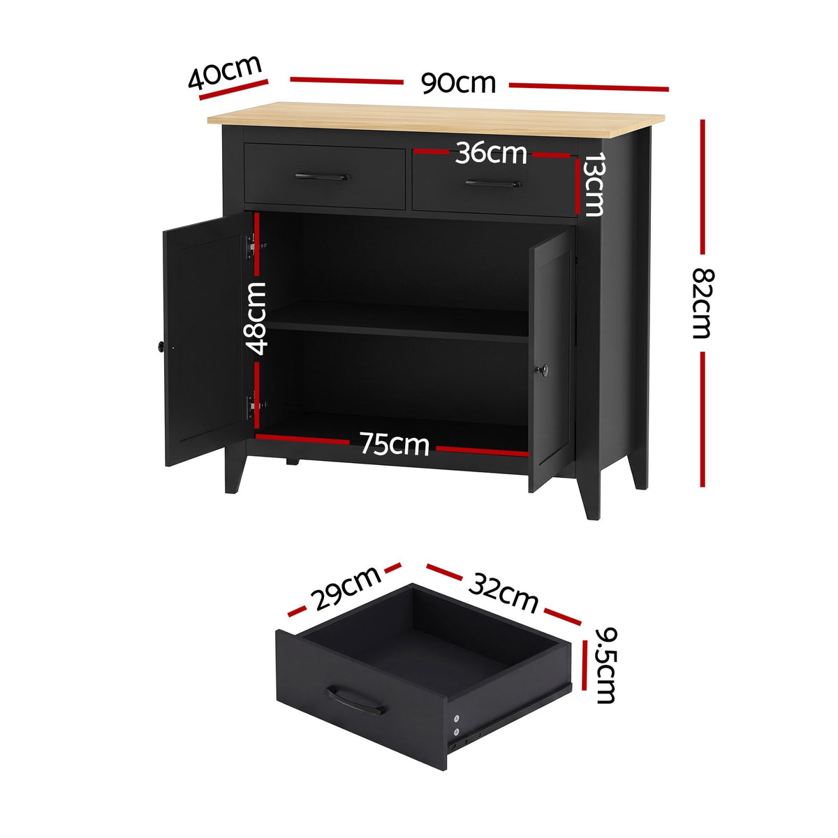 TWSC Buffet Sideboard Cabinet Kitchen Storage Cupboard Pantry 2 Drawers Black