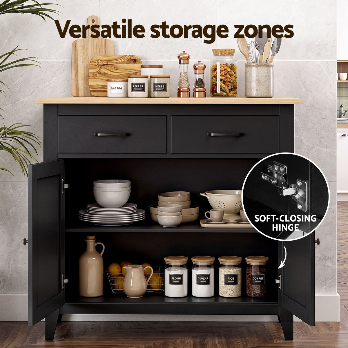 TWSC Buffet Sideboard Cabinet Kitchen Storage Cupboard Pantry 2 Drawers Black