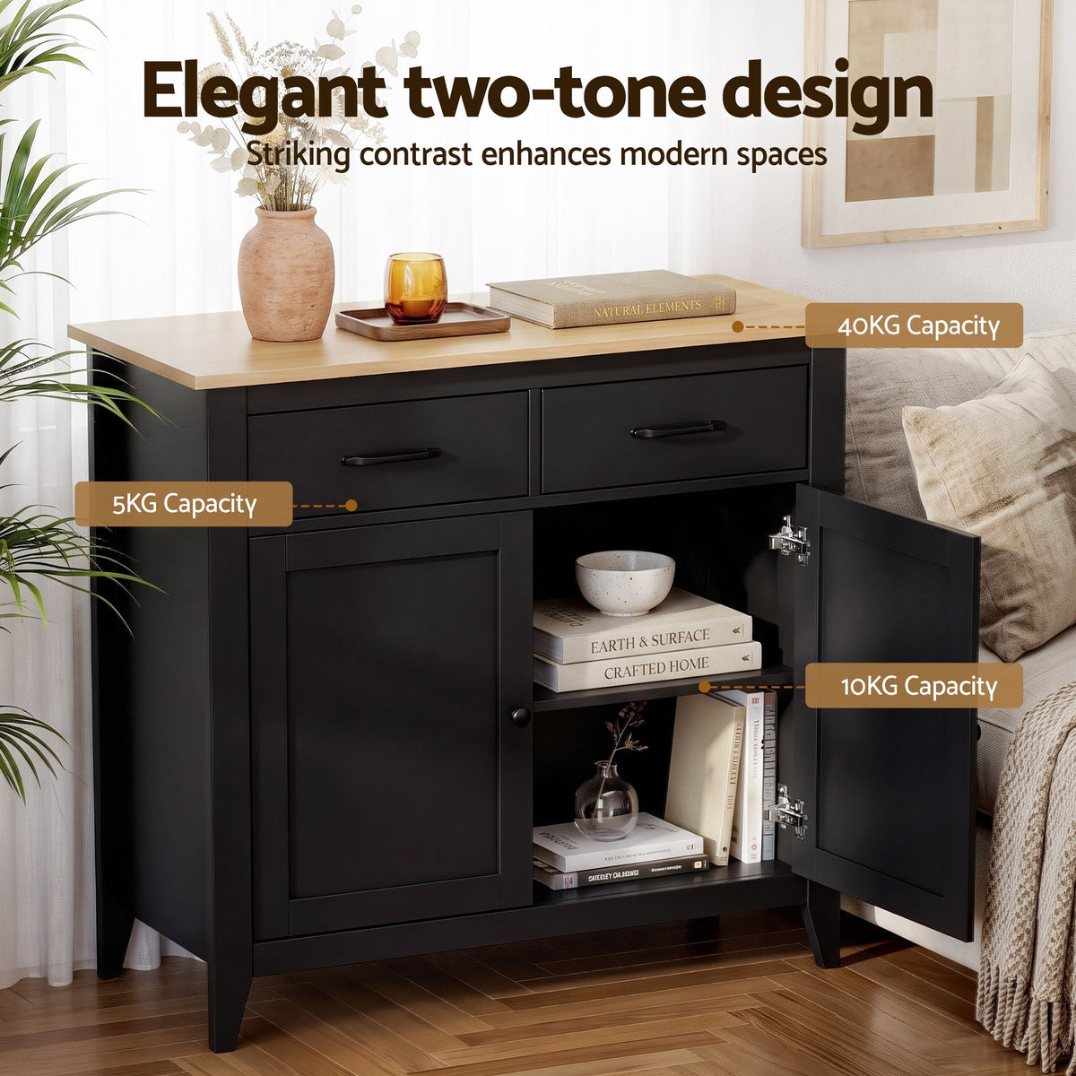 TWSC Buffet Sideboard Cabinet Kitchen Storage Cupboard Pantry 2 Drawers Black