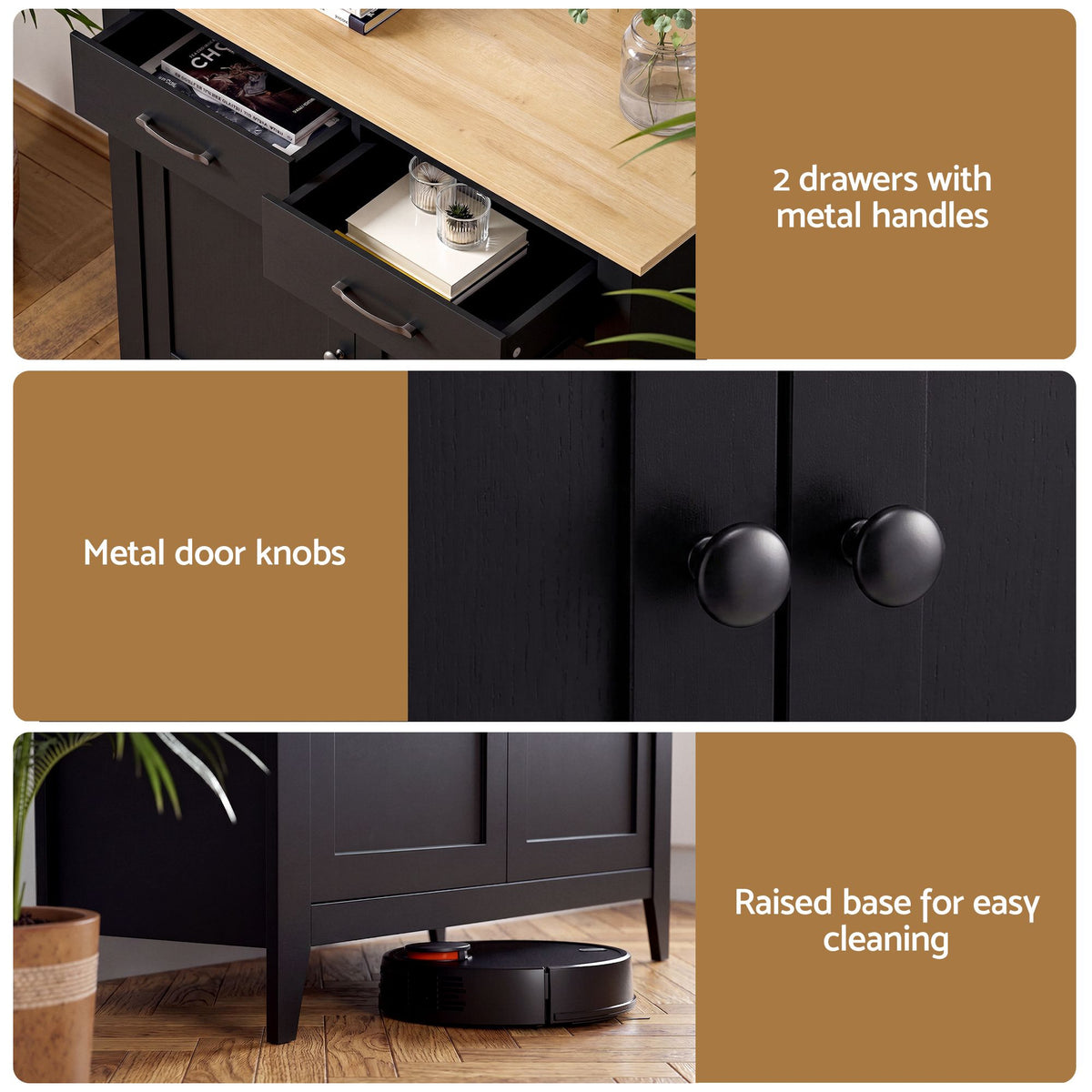 TWSC Buffet Sideboard Cabinet Kitchen Storage Cupboard Pantry 2 Drawers Black