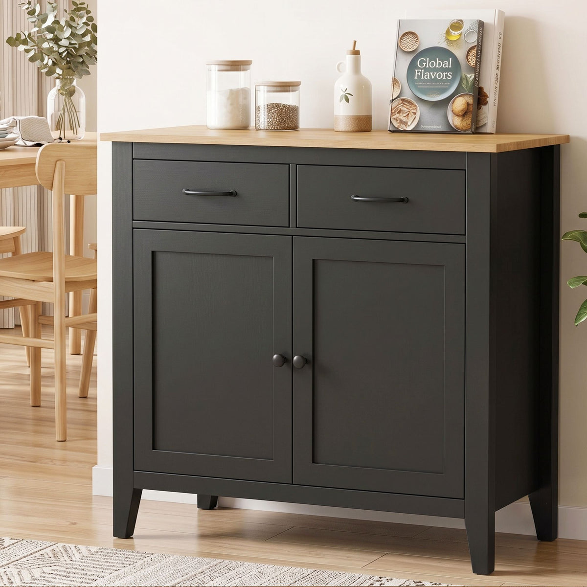 TWSC Buffet Sideboard Cabinet Kitchen Storage Cupboard Pantry 2 Drawers Black