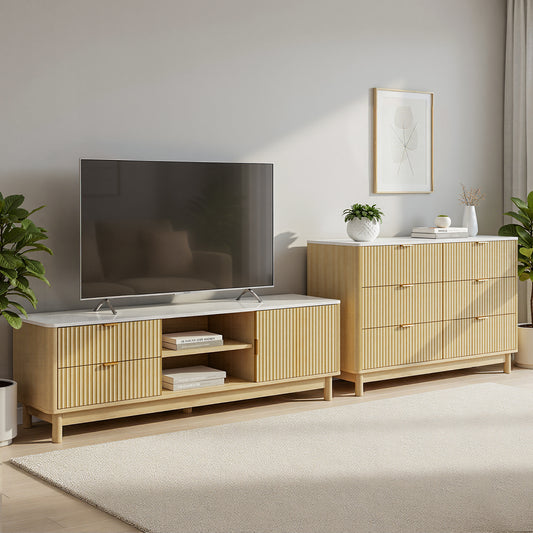 TV Unit and Chest of Drawers Set – Solid Wood Legs, Pine Finish
