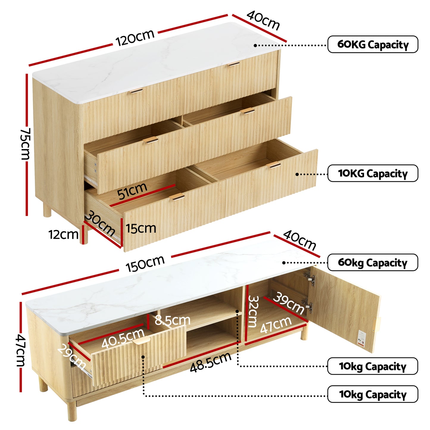 TV Unit and Chest of Drawers Set – Solid Wood Legs, Pine Finish