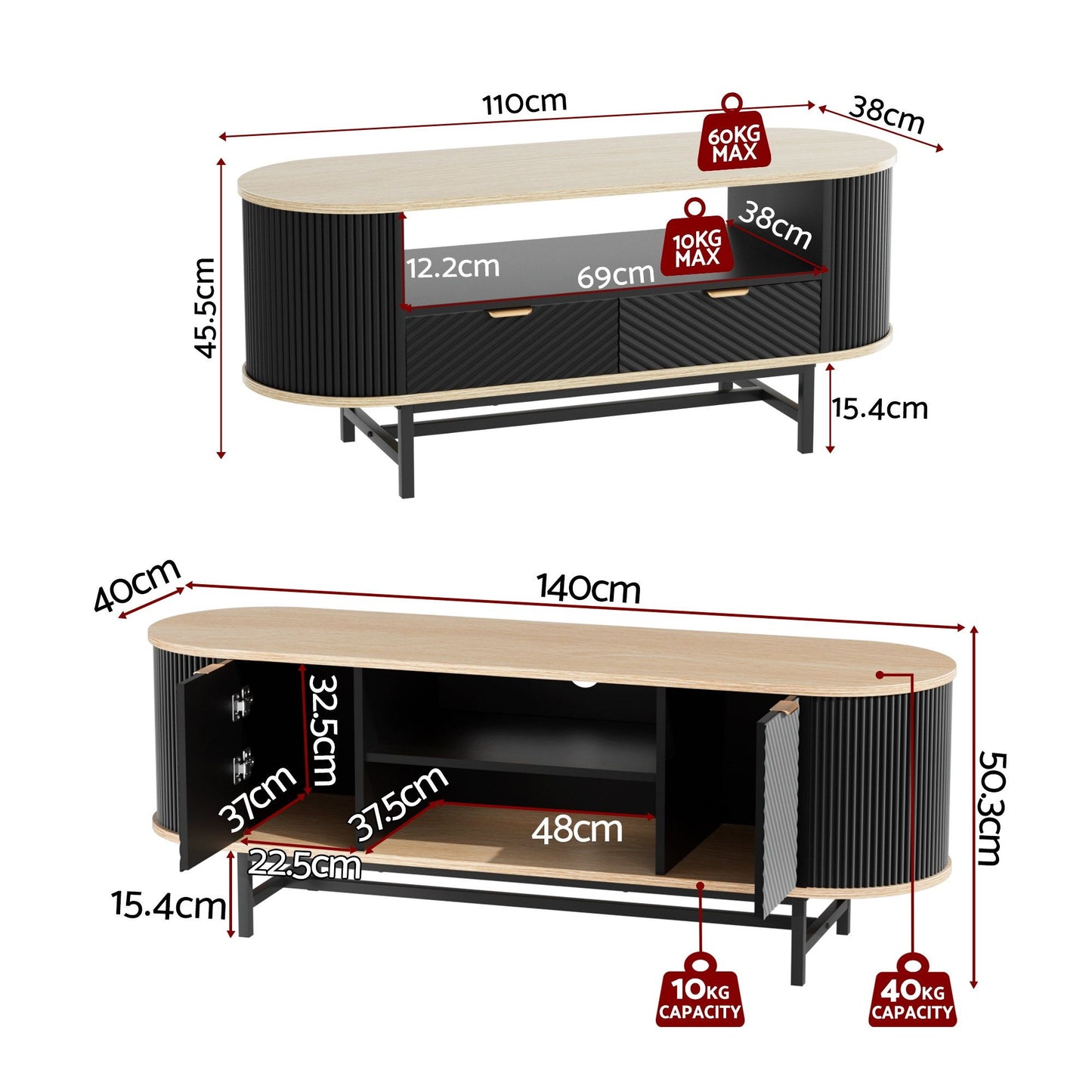 TV Unit and Coffee Table Set – Black and Pine with Storage Drawers and Shelves