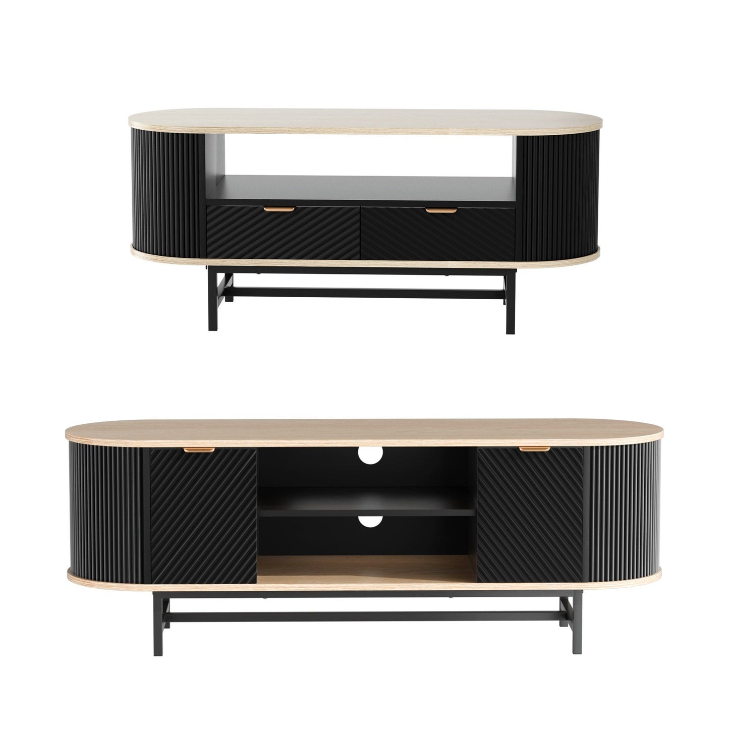 TV Unit and Coffee Table Set – Black and Pine with Storage Drawers and Shelves