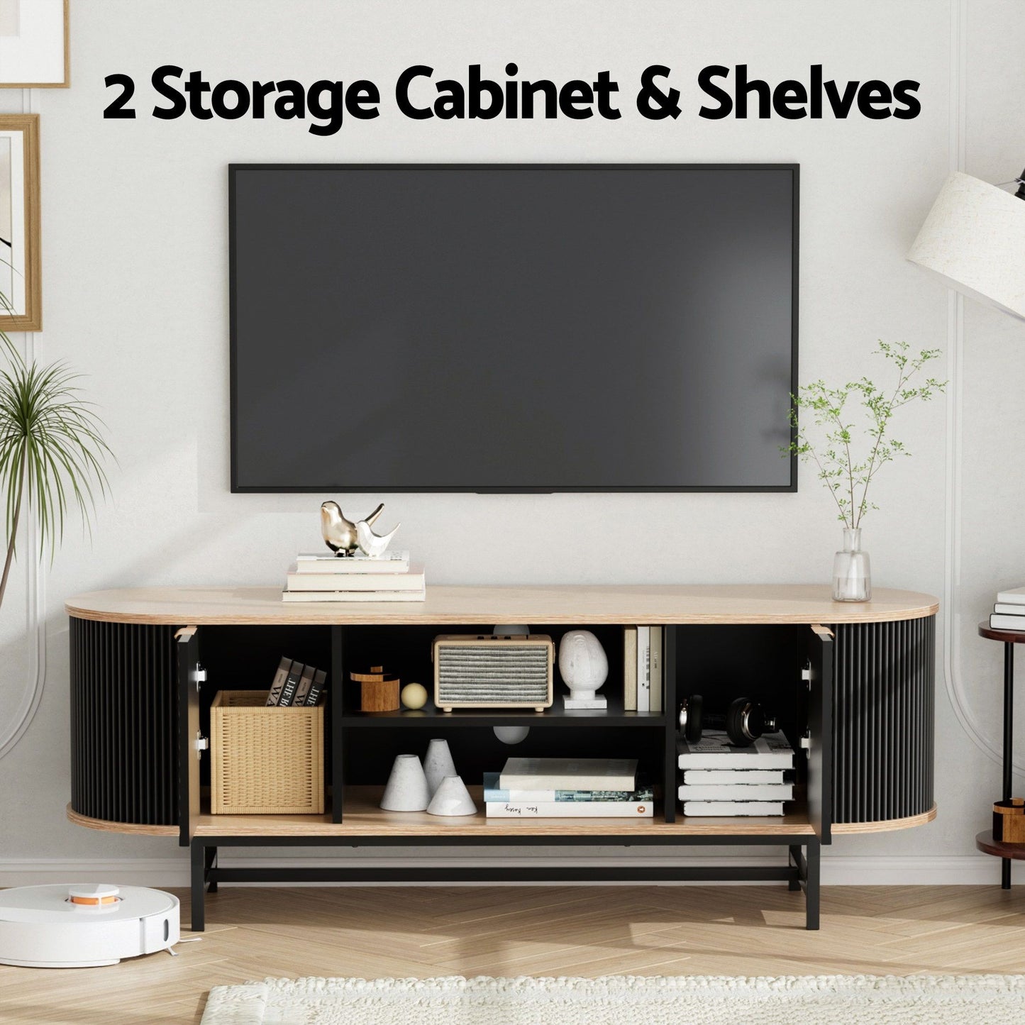 TV Unit and Coffee Table Set – Black and Pine with Storage Drawers and Shelves