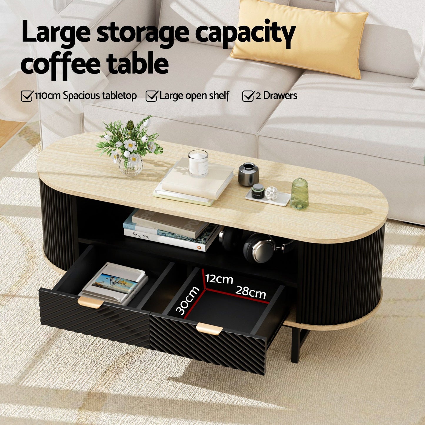TV Unit and Coffee Table Set – Black and Pine with Storage Drawers and Shelves