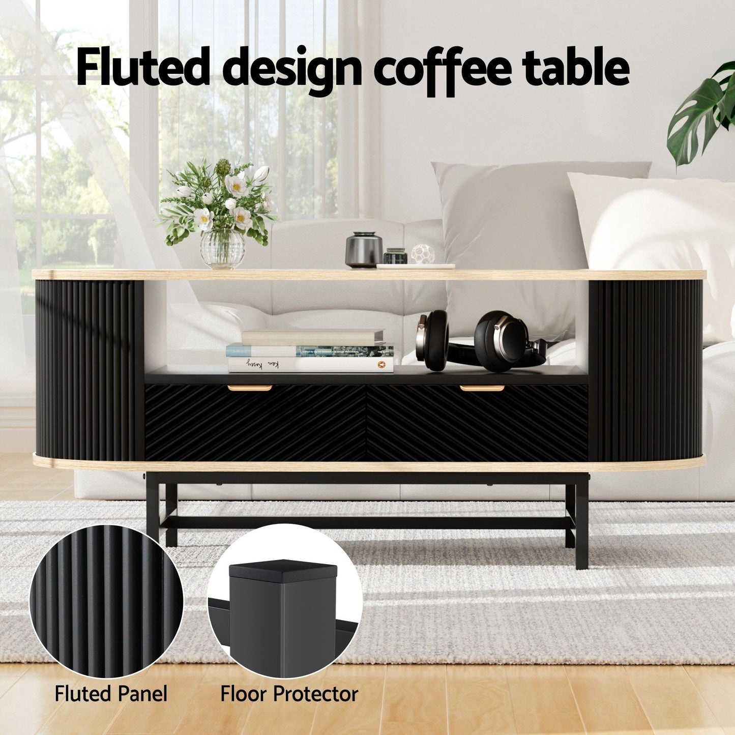 TV Unit and Coffee Table Set – Black and Pine with Storage Drawers and Shelves