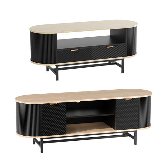 TV Unit and Coffee Table Set – Black and Pine with Storage Drawers and Shelves