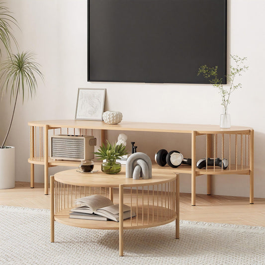 Stylish pine TV unit and coffee table set showcasing rustic design and premium natural materials.