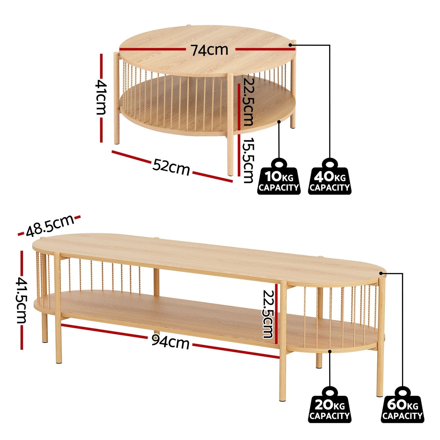 TWSC TV Unit & Coffee Table Set Storage Shelf Pine