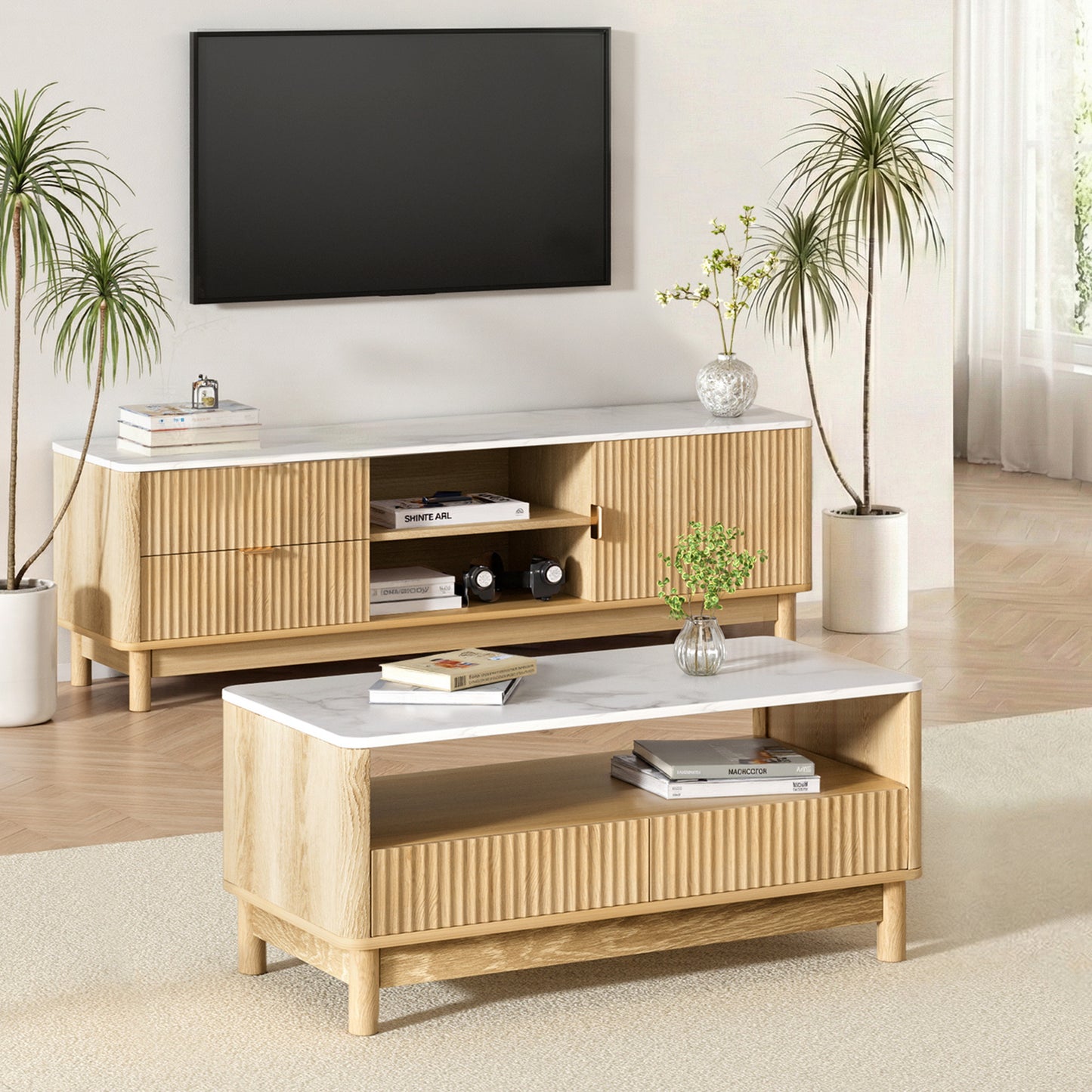 TV Unit and Coffee Table Set – Storage Drawers, Pine Finish