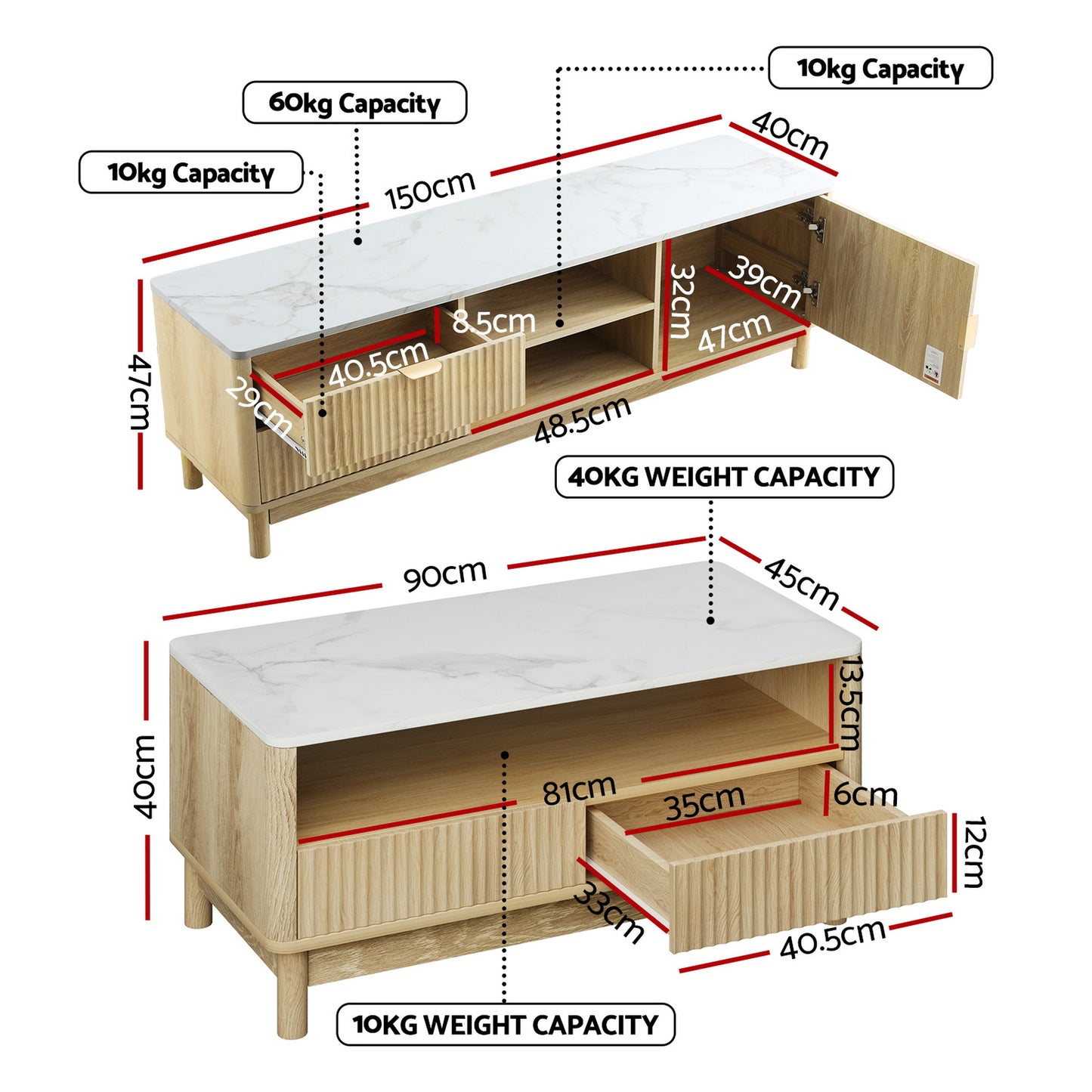 TV Unit and Coffee Table Set – Storage Drawers, Pine Finish