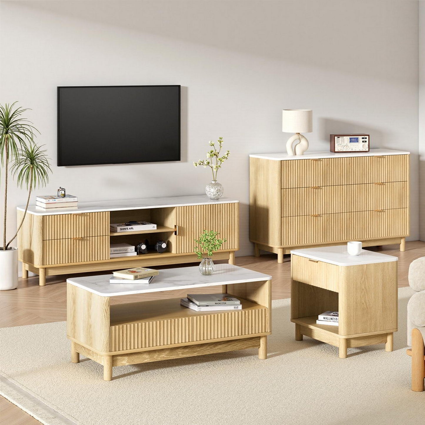 TV Unit and Coffee Table Set – Storage Drawers, Pine Finish