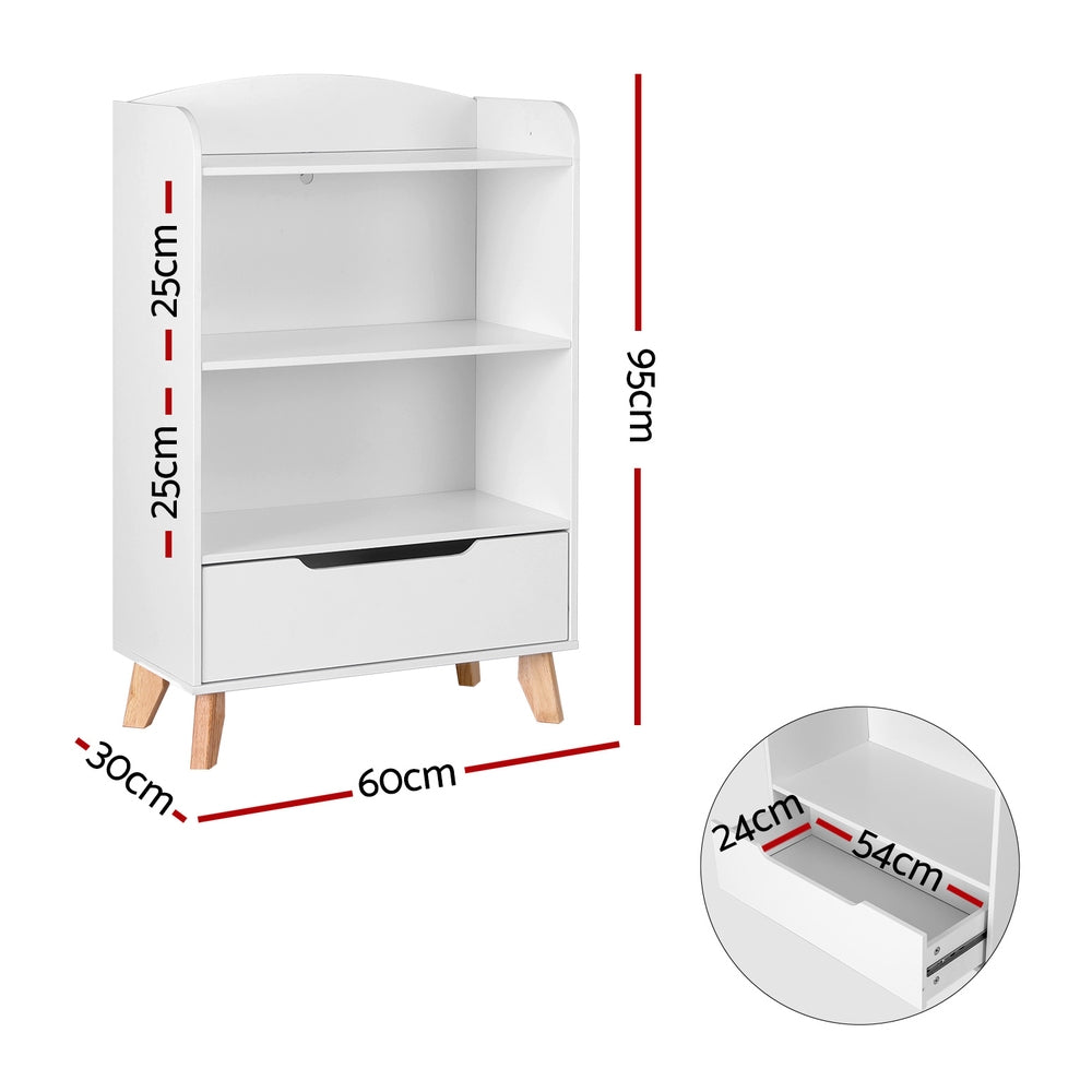 Kids Bookshelf with 3 Tiers and Drawer – White, Particleboard & MDF