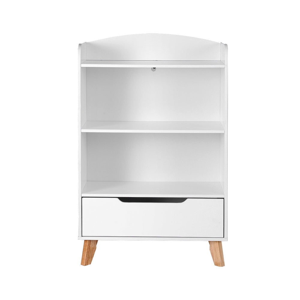 Kids Bookshelf with 3 Tiers and Drawer – White, Particleboard & MDF