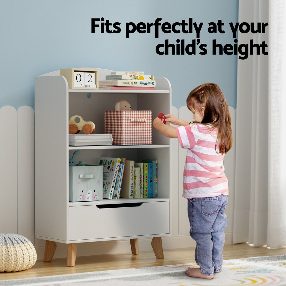 Kids Bookshelf with 3 Tiers and Drawer – White, Particleboard & MDF