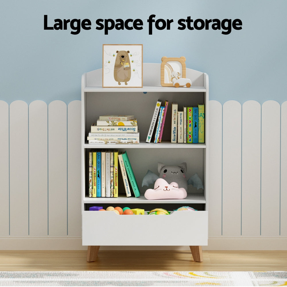 Kids Bookshelf with 3 Tiers and Drawer – White, Particleboard & MDF