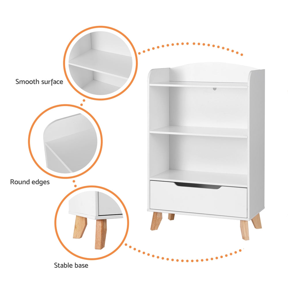 Kids Bookshelf with 3 Tiers and Drawer – White, Particleboard & MDF