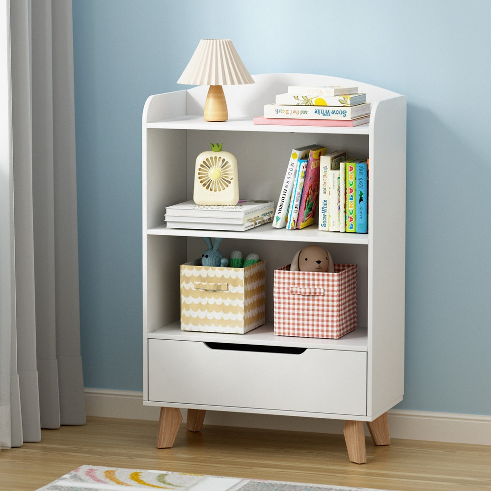 Kids Bookshelf with 3 Tiers and Drawer – White, Particleboard & MDF