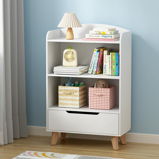 Kids Bookshelf with 3 Tiers and Drawer – White, Particleboard & MDF