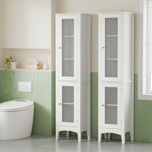 TWSC 2X Bathroom Storage Cabinet 160cm Tall Slim Floor Cupboard Toilet Glass Door White
