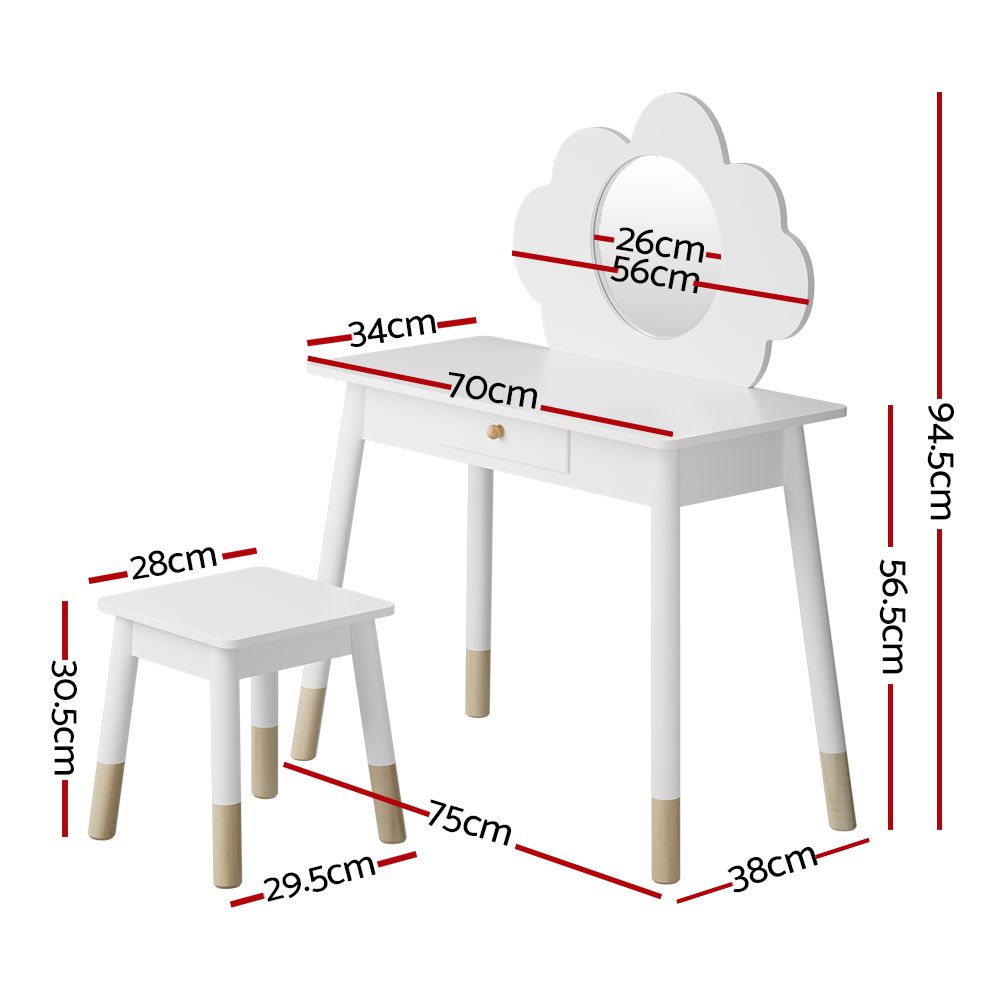 Kids Dressing Table and Chair Set – Vanity with Mirror and Drawer, White Wood