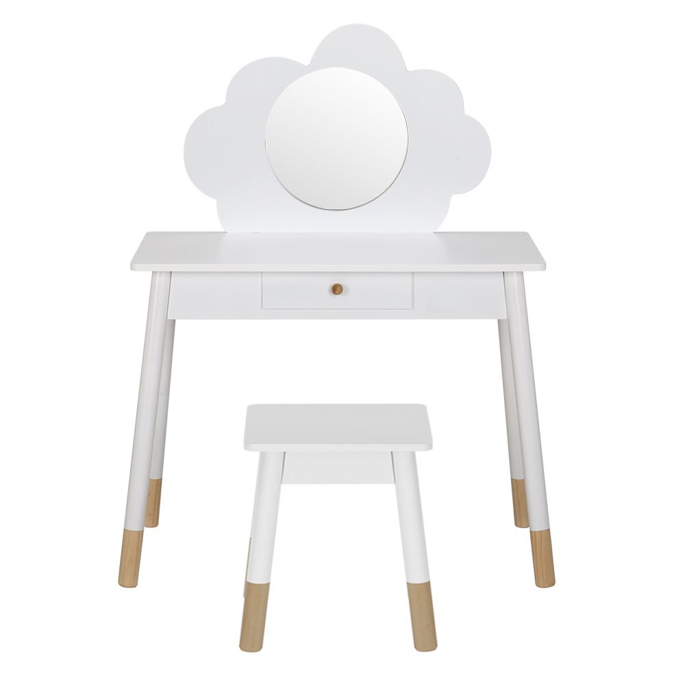 Kids Dressing Table and Chair Set – Vanity with Mirror and Drawer, White Wood