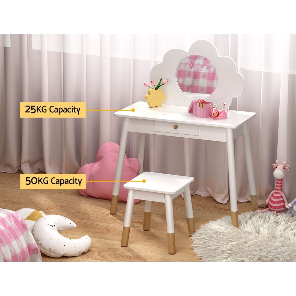 Kids Dressing Table and Chair Set – Vanity with Mirror and Drawer, White Wood