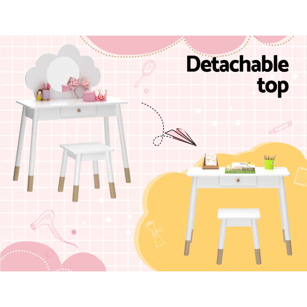 Kids Dressing Table and Chair Set – Vanity with Mirror and Drawer, White Wood