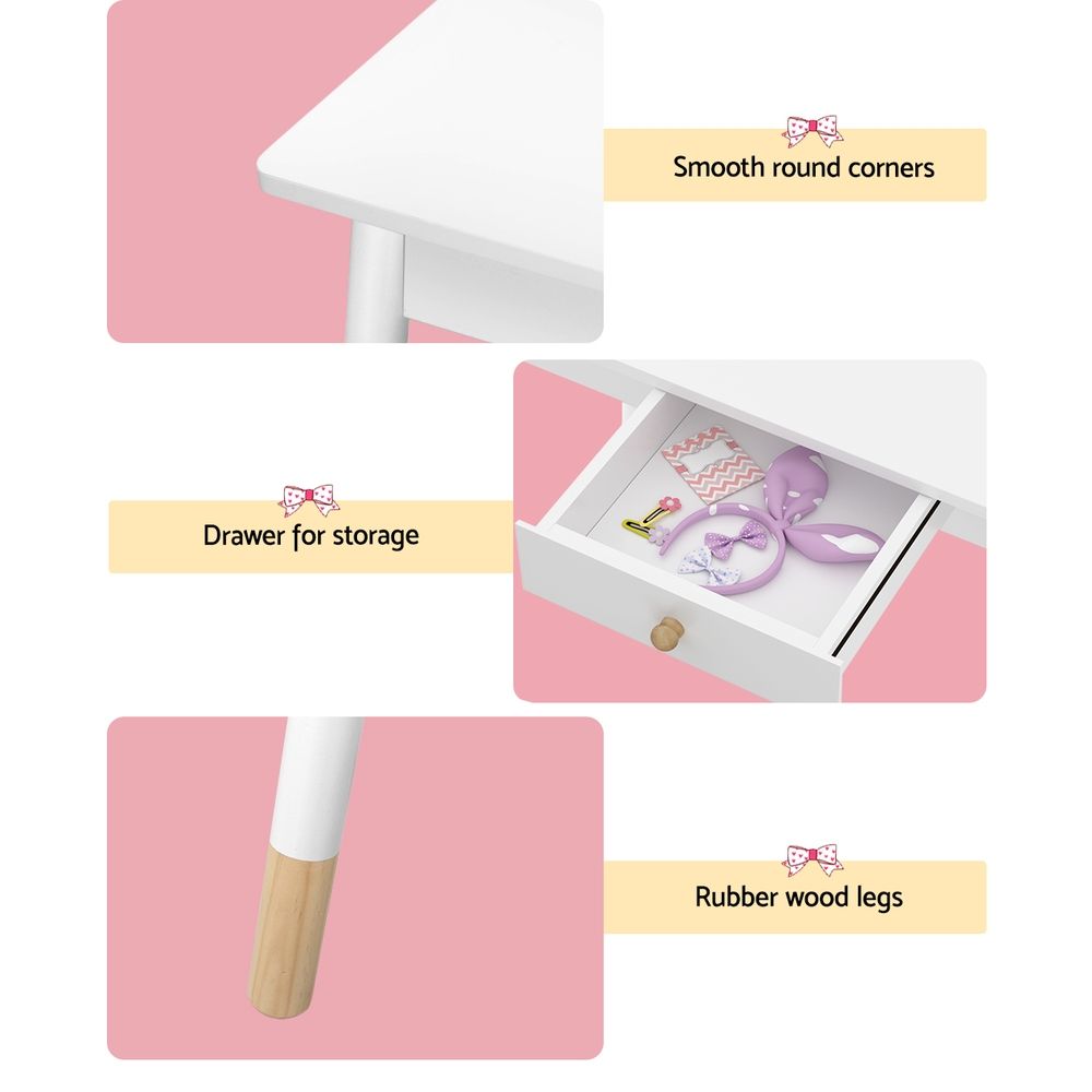 Kids Dressing Table and Chair Set – Vanity with Mirror and Drawer, White Wood