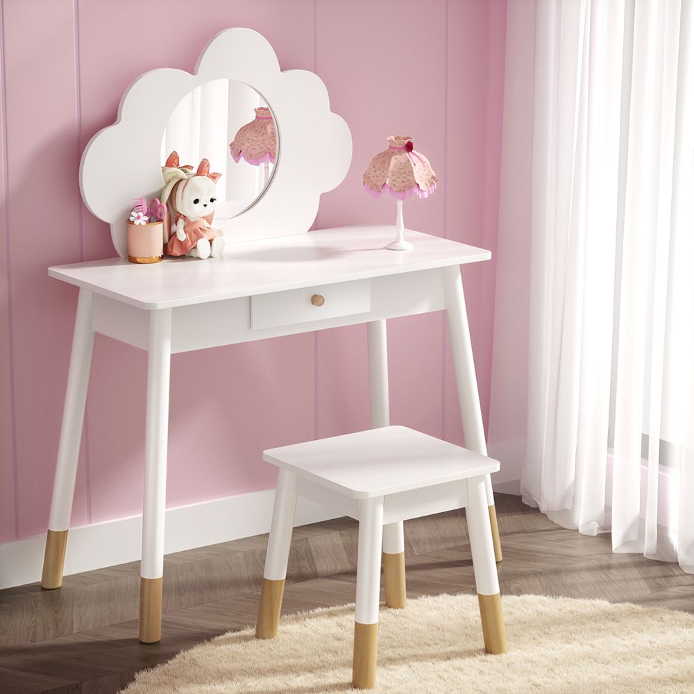 Kids Dressing Table and Chair Set – Vanity with Mirror and Drawer, White Wood