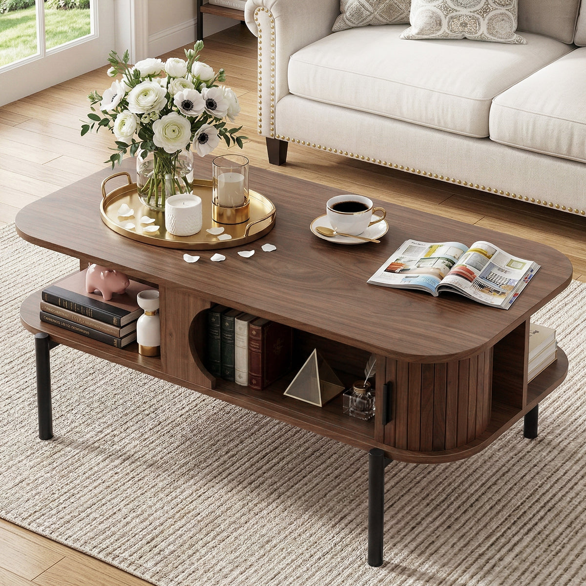 TWSC Coffee Table Living Room Center Table Shelf Cabinet Walnut