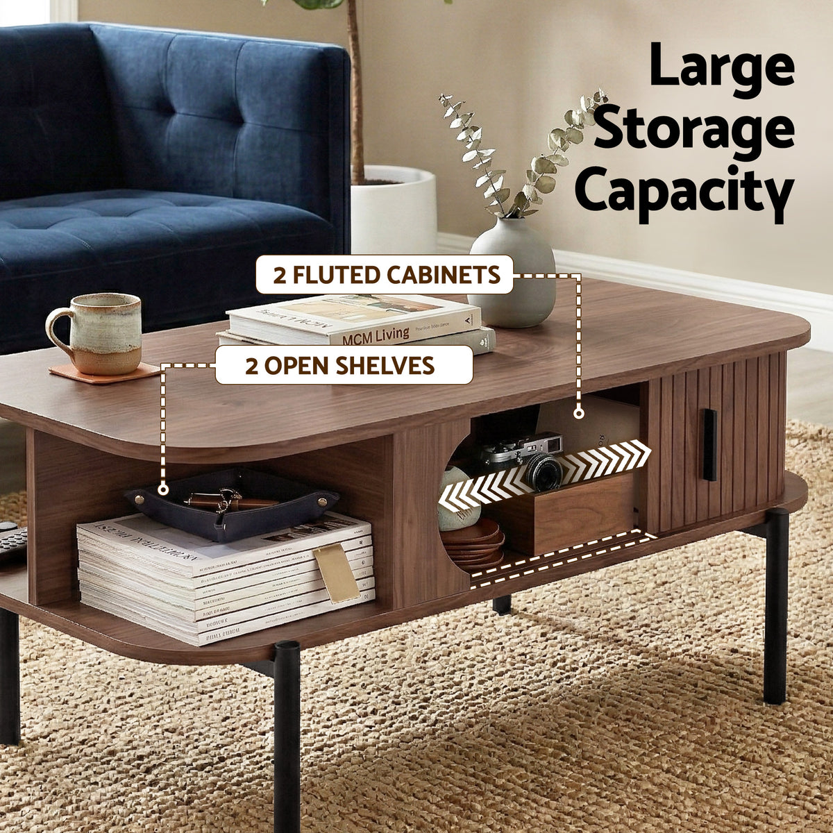 TWSC Coffee Table Living Room Center Table Shelf Cabinet Walnut