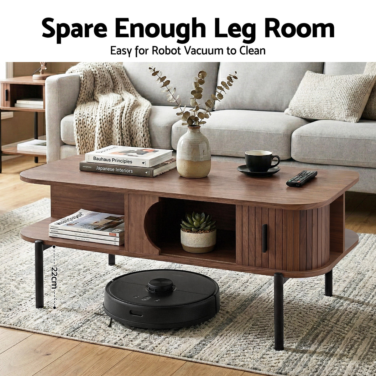 TWSC Coffee Table Living Room Center Table Shelf Cabinet Walnut