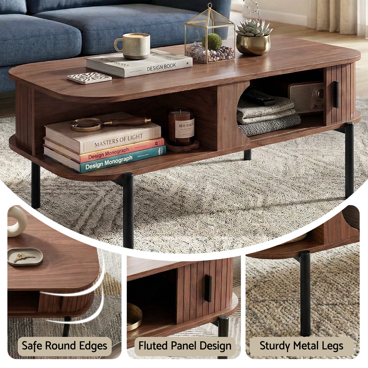 TWSC Coffee Table Living Room Center Table Shelf Cabinet Walnut