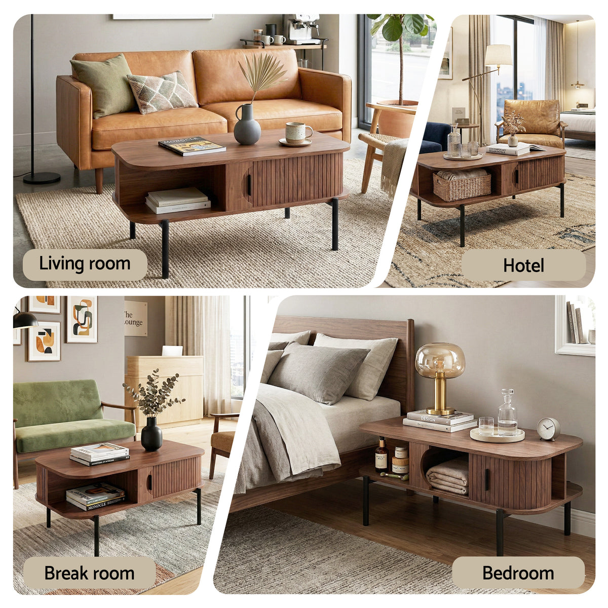 TWSC Coffee Table Living Room Center Table Shelf Cabinet Walnut