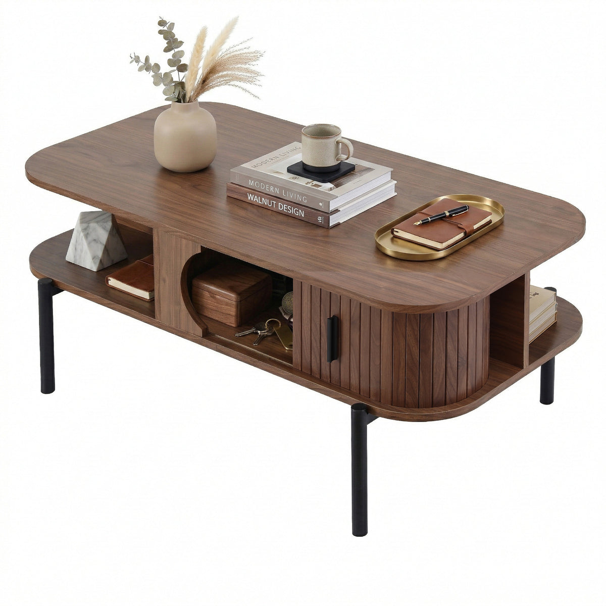 TWSC Coffee Table Living Room Center Table Shelf Cabinet Walnut
