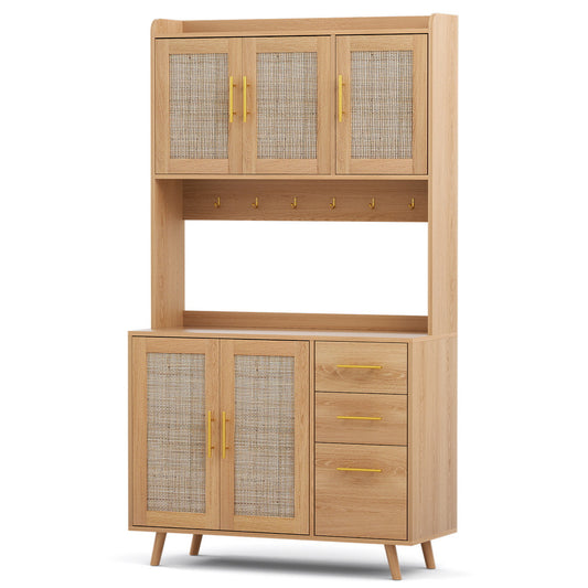 TWSC Buffet Sideboard Hutch Storage Cabinet Kitchen Cupboard Hooks Rattan Pine